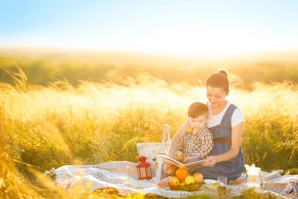 Красива Мати Милий Син Читають Книгу Пікніку Фоні Заходу Сонця — стокове фото