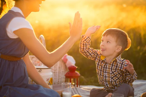 Glückliche Familie Schwangere Mutter Und Kleiner Sohn Beim Picknick Das — Stockfoto