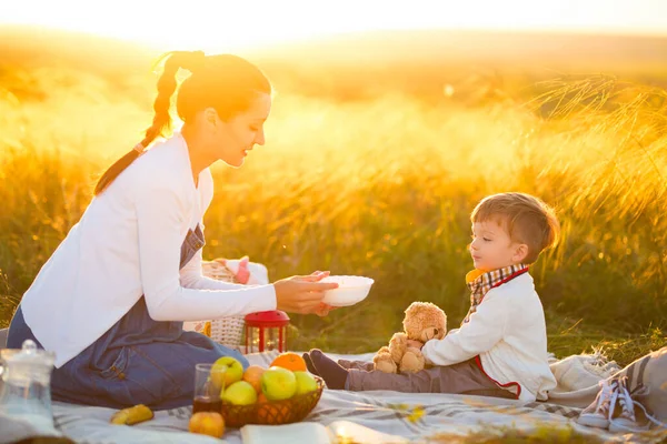 Terhes Anya Gyönyörű Kisfia Egy Pikniken Boldog Család Egészséges Táplálkozás — Stock Fotó