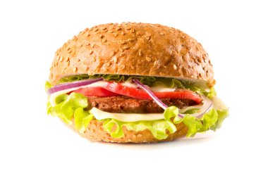 Beyaz arka planda lezzetli büyük bir hamburger..