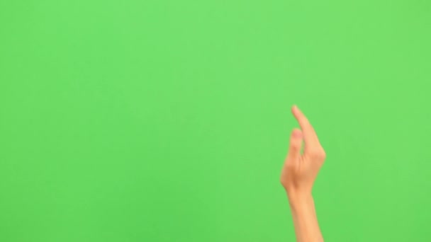 Handfläche der rechten männlichen Hand auf grünem Bildschirm, Chroma-Taste. Nahaufnahme der weiblichen Stimme Geste isoliert auf grünem Bildschirm chromakey Hintergrund. — Stockvideo