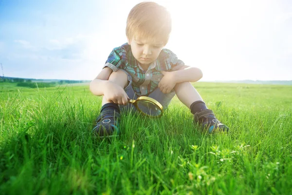 Познайомтесь зі світом. Все неймовірно поруч з тобою. Молодий хлопчик вивчає природу на лузі зі збільшувальним склом, дивлячись на траву — стокове фото