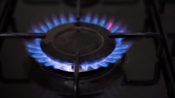 Gas stove. Gas stove burner comes on. Blue flame. Slow Motion — Stock Video