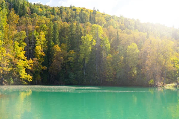 Kék hegyi tó ősszel. Gyönyörű őszi reggel. — Stock Fotó