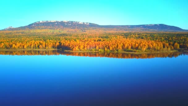 清々しい秋の朝の美しい山の湖の空中ビデオ. — ストック動画