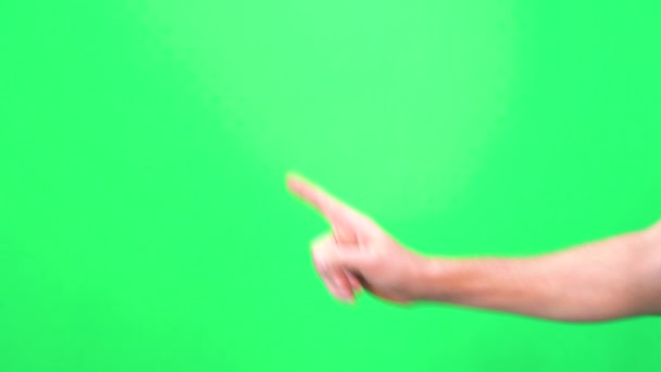 Firme NO en el fondo de pantalla verde. Vista de cerca de una sola mano masculina haciendo ningún gesto aislado en fondo cromakey pantalla verde — Vídeo de stock