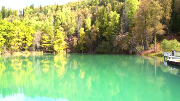 Vidéo d'un lac de montagne avec de l'eau bleue ou turquoise. — Video