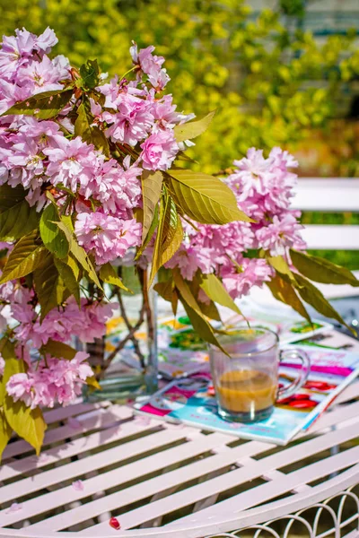 Beautiful and romantic scene in the home garden with a vase of Japanese cherry tree blossoms on the white table