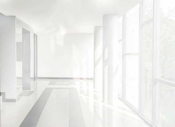 Empty white office corridor with glass curtain wall, stair and light from sunlight. Modern building interior background, high key