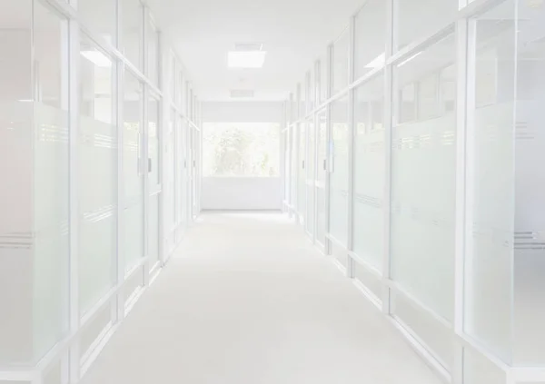 Lege Kantoorgang Lobby Entreedeuren Met Glazen Gordijnwand Lichtreflectie Modern Gebouw — Stockfoto