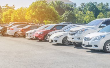 Asfalt otoparkta ağaçların olduğu bir araba parkı. Taze ozon ve yeşil seyahat taşıma konsepti olan açık hava otoparkı.