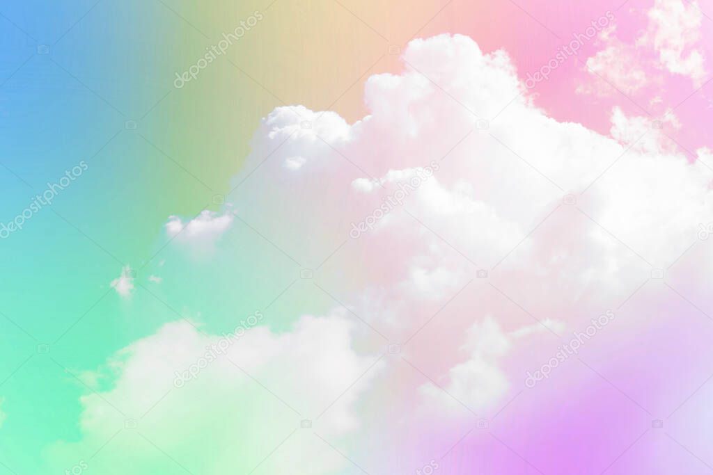 Colorful pastel cloud and sky background. Cloudy sky texture with beautiful soft bright color blue, red, purple, pink, yellow and orange rainbow gradient abstract nature weather in summer backgroun