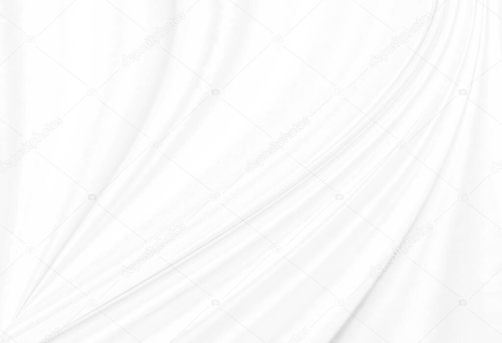 White abstract background of white fabric texture with elegant soft wave curved pattern on silk satin cloth textile material sheet surface for wallpaper backdrop decoration and any design, copy spac