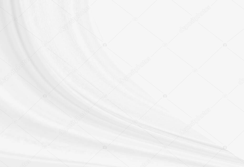 White abstract background of white fabric texture with elegant soft wave curved pattern on silk satin cloth textile material sheet surface for wallpaper backdrop decoration and any desig