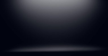 Boş oda arka planında gradyan ışığı olan koyu siyah stüdyo, ürün dağıtımı için vitrin duvarı ve döşeme iç mekanı