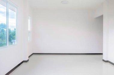 Boş beyaz oda arka plan, camdan pencereli modern oda.