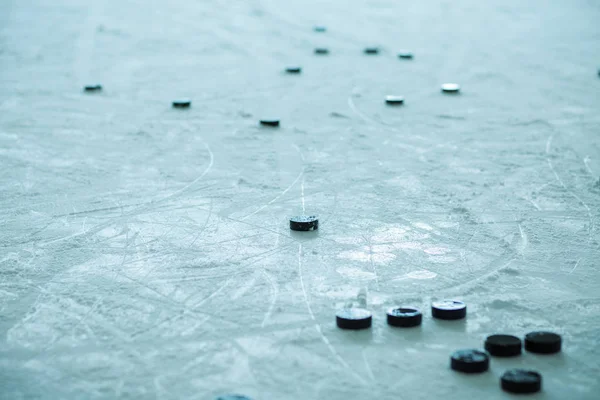 Eishockey Pucks Auf Leerer Eisfläche — Stockfoto