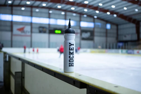 Drink White Bottle Board Ice Hockey Rink — Stock Photo, Image