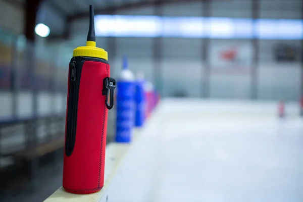 Drink Red Bottle Board Ice Hockey Rink — Stock Photo, Image