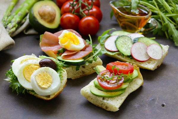 Sandwiches Different Fillings Vegetables Ham Egg — Stock Photo, Image