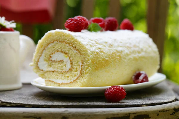 Biscuit Roll Dessert Fresh Berries Rustic Style — Stock Photo, Image