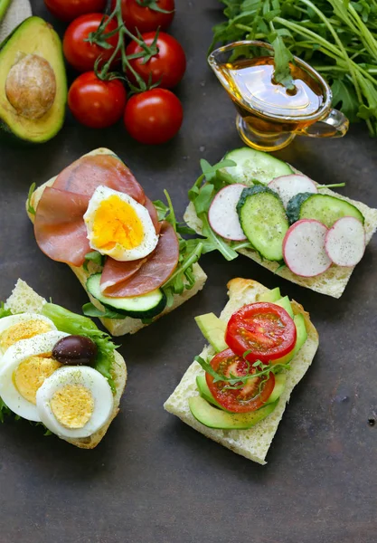 Sandwiches Different Fillings Vegetables Ham Egg — Stock Photo, Image