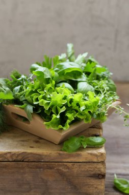 Natürmort organik kokulu otlar ahşap bir masa üzerinde