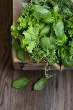 Natürmort organik kokulu otlar ahşap bir masa üzerinde