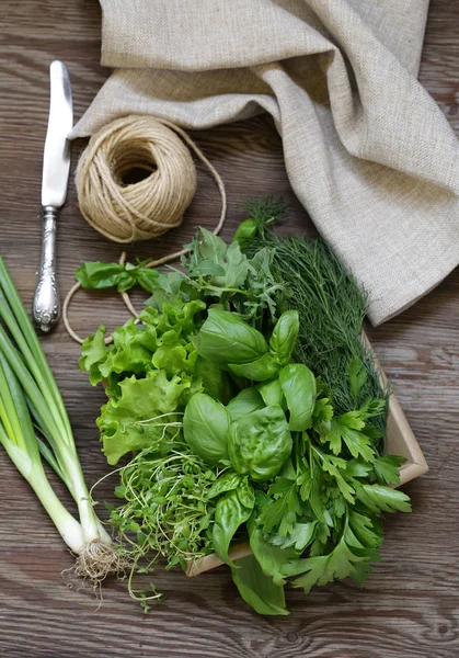 Still Life Organic Fragrant Herbs Wooden Table — Stock Photo, Image