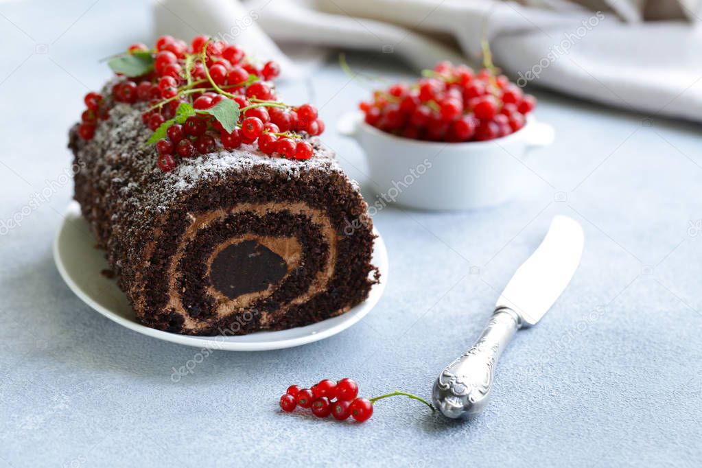 chocolate biscuit roll with berries on the table