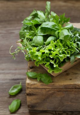 Natürmort organik kokulu otlar ahşap bir masa üzerinde