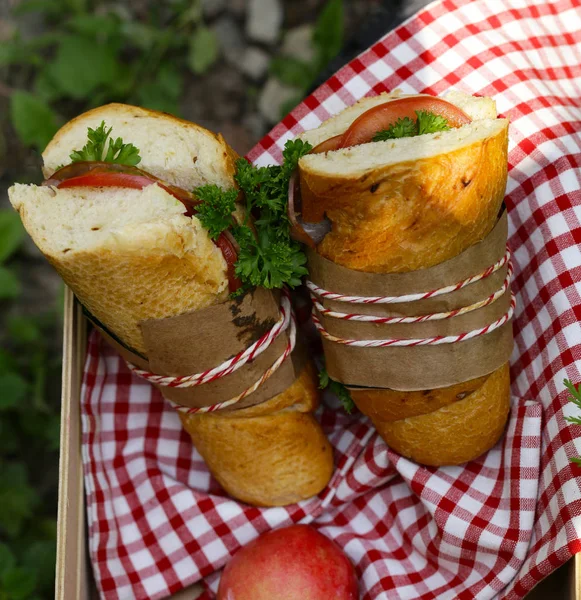 Picknick Mackor Och Saft God Mat Och Dryck — Stockfoto