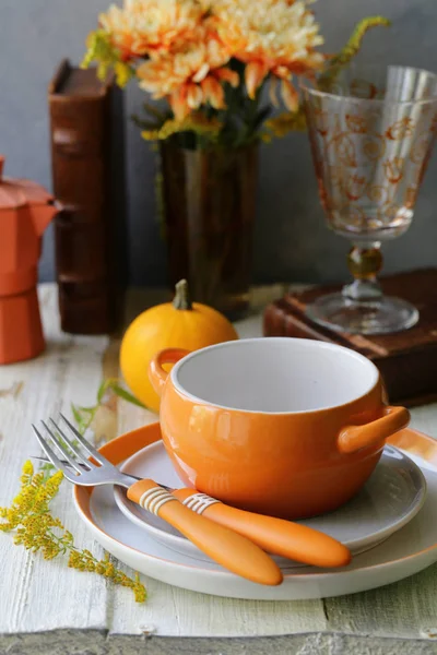 Tavola Autunnale Con Zucca Fiori — Foto Stock