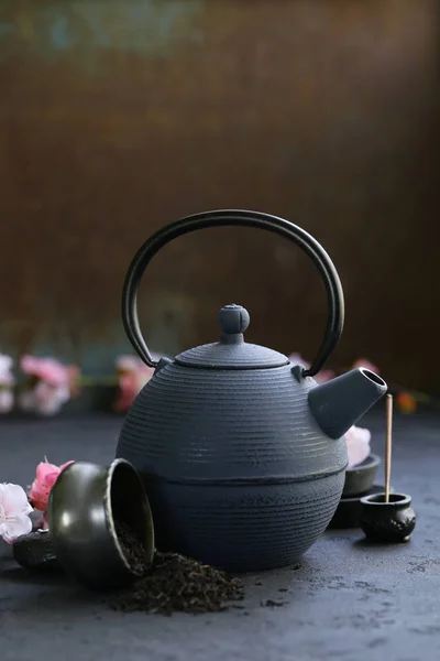 Cast Iron Kettle Traditional Oriental Tea Ceremony — Stock Photo, Image