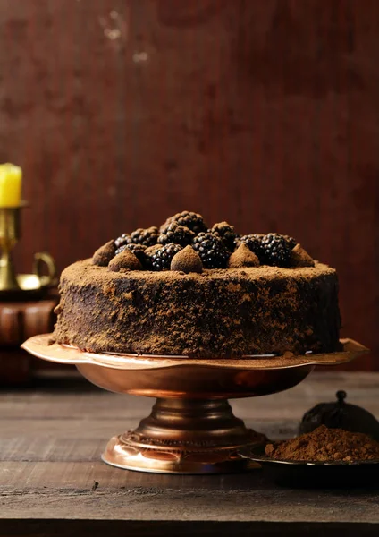 Super Chocolate Truffle Cake Black Raspberries — Stock Photo, Image