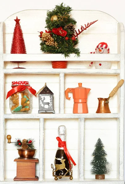 Kitchen Wooden White Cupboard Background Cookware Christmas Decor — Stock Photo, Image