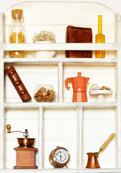 Kitchen Wooden White Cupboard Background Utensils Food — Stock Photo, Image