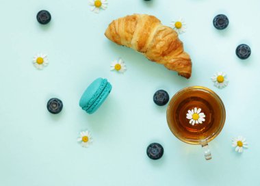 fincan çay, yaban mersini ve mavi bir arka plan üzerinde chamomiles