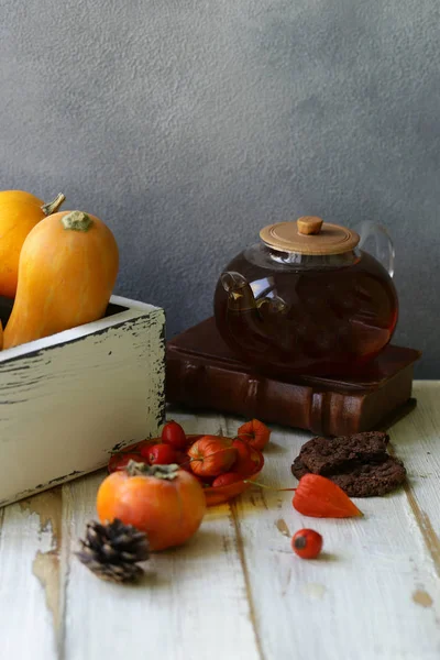Autumn Still Life Tea Table Sweets — Stock Photo, Image