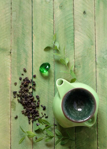 Zielona Herbata Czajnik Deser Podłoże Drewniane — Zdjęcie stockowe