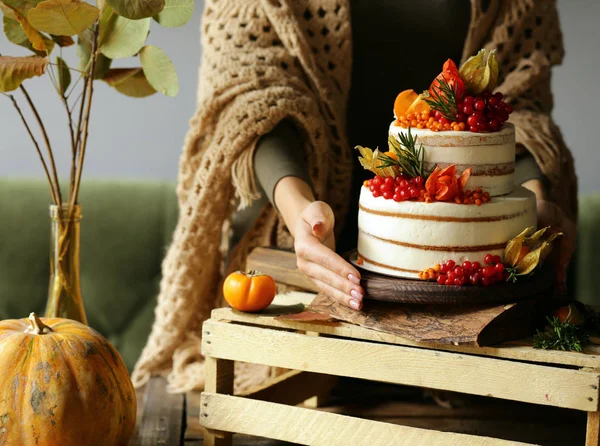 Bolo Festivo Com Decoração Outono Para Dia Ação Graças — Fotografia de Stock