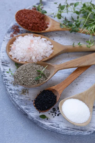 Different Varieties Salt Wooden Spoons — Stock Photo, Image