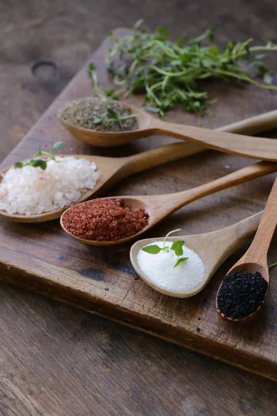 Different Varieties Salt Wooden Spoons — Stock Photo, Image