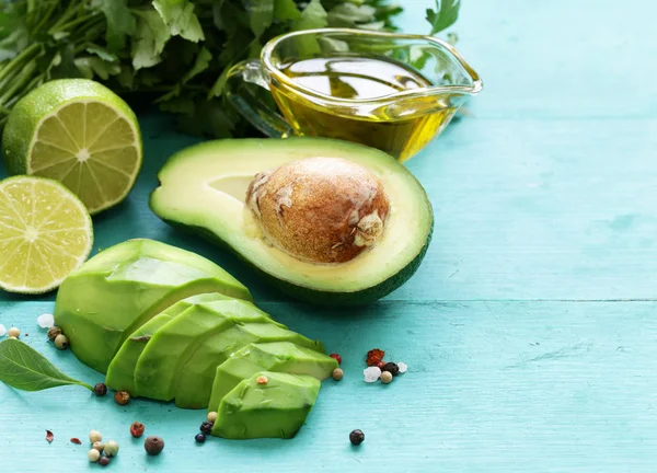 Gesunde Und Nahrhafte Lebensmittel Avocado Chia Und Leinsamen Olivenöl Und — Stockfoto