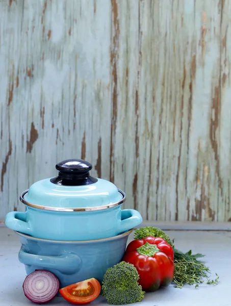 Utensili Cucina Pentole Fondo Legno Stile Rustico — Foto Stock