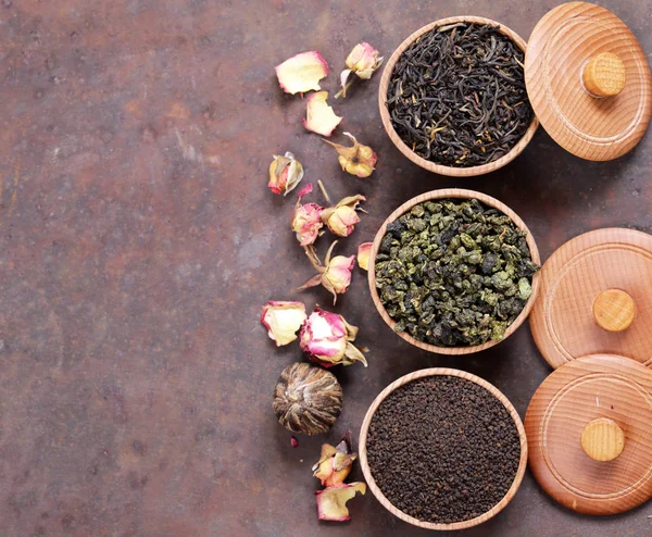 Different Types Tea Wooden Bowl — Stock Photo, Image