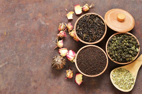 Different Types Tea Wooden Bowl — Stock Photo, Image