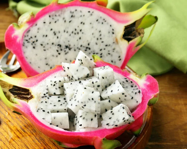 Ripe Sweet Tropical Dragon Fruit Wooden Plate — Stock Photo, Image