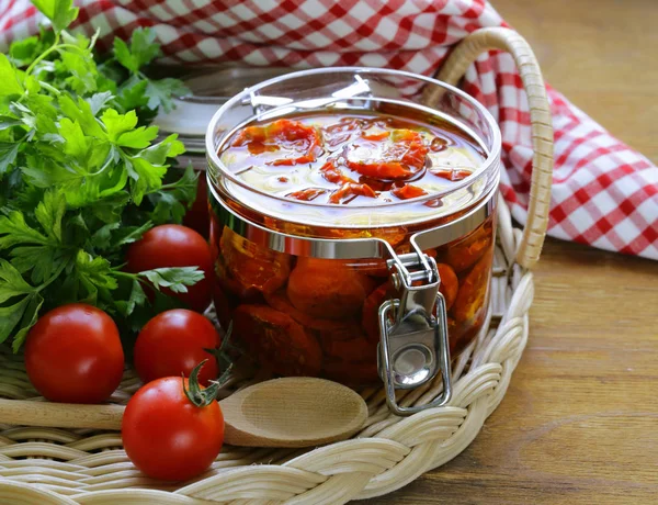 Sun Dried Tomatoes Herbs Olive Oil Pot — Stock Photo, Image