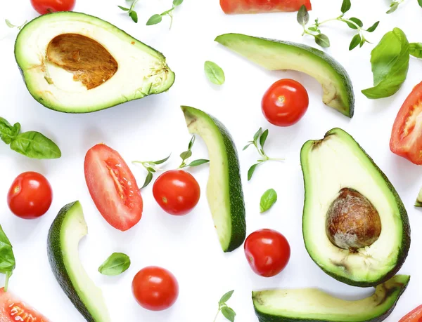 Lebensmittel Hintergrund Avocado Tomaten Und Duftende Kräuter — Stockfoto